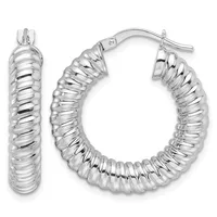 Pair of silver textured hoop earrings with a ribbed or twisted pattern, shown from front and side views with post and clutch closures.