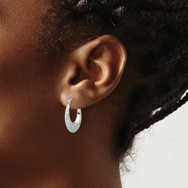 A person wearing a textured silver hoop earring in their earlobe, shown in profile against a white background.