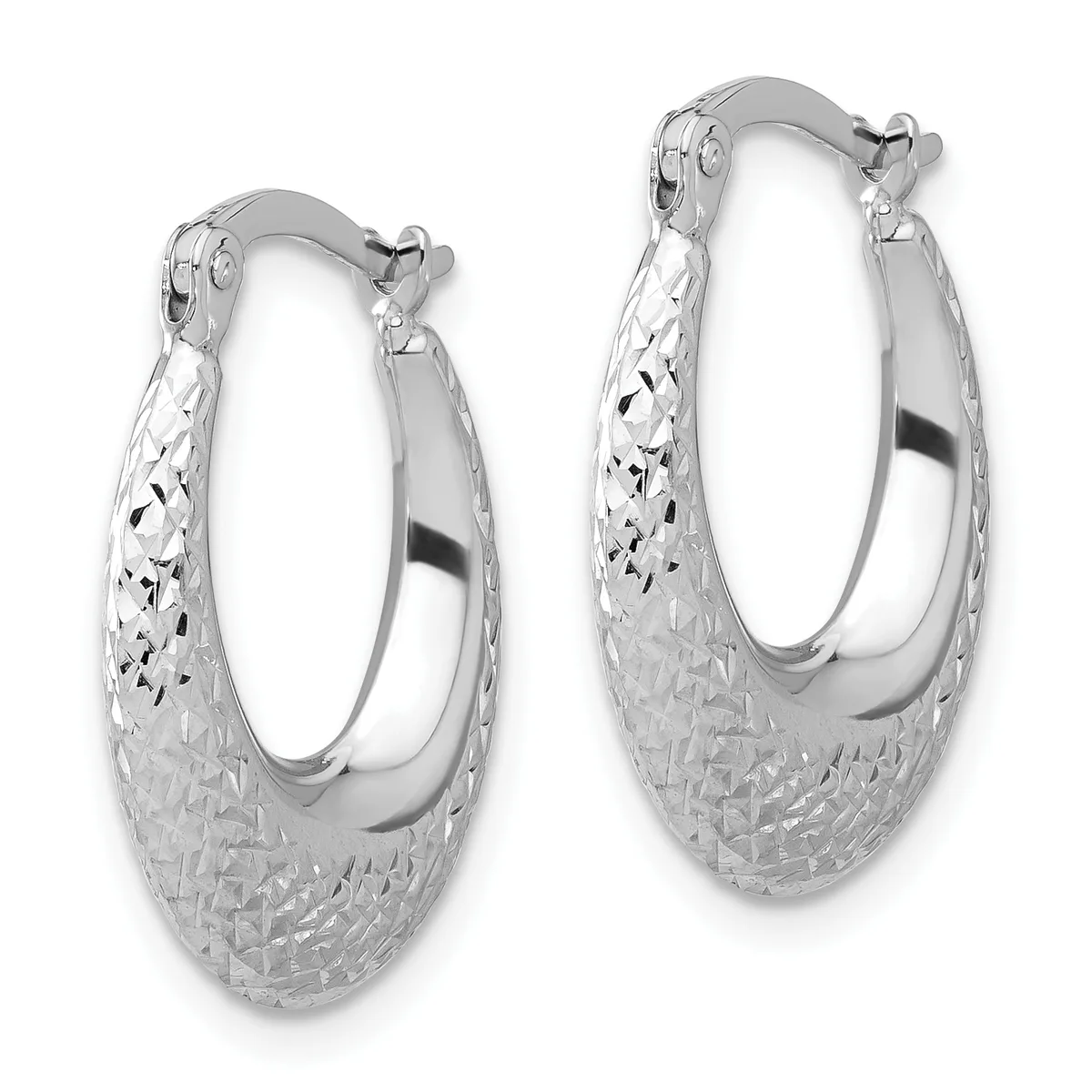 A pair of silver hoop earrings with a textured diamond-cut surface finish and polished smooth inner edges, shown against a white background.
