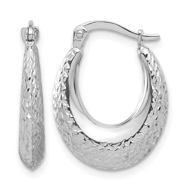 Pair of silver textured hoop earrings with a dimpled surface finish, shown from front and side views, featuring hinged closures.