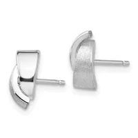A pair of silver stud earrings with a curved, modernist design featuring polished and textured surfaces, shown from front and side views.