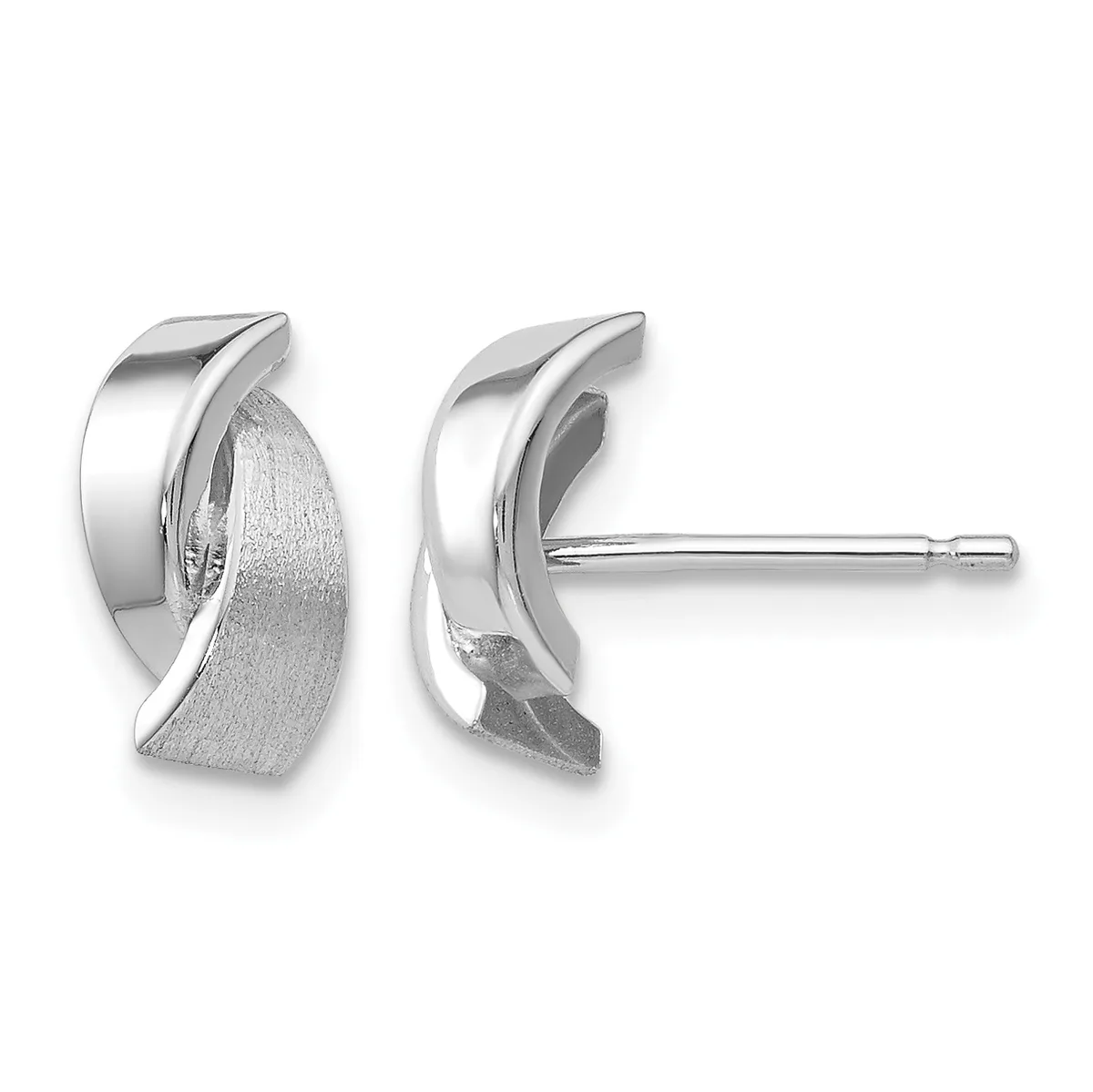 A pair of silver stud earrings with curved, overlapping design featuring brushed and polished surfaces, shown from front and side views.
