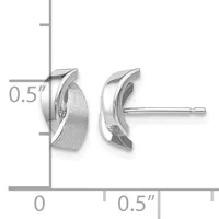 A pair of silver curved stud earrings with textured and polished surfaces, shown from front and side views with a measurement scale indicating 0.5 inch width.
