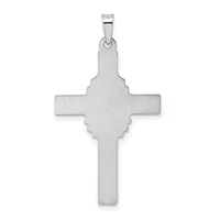 A silver cross pendant with a decorative center circle and scalloped edges, shown hanging from a bail against a white background.