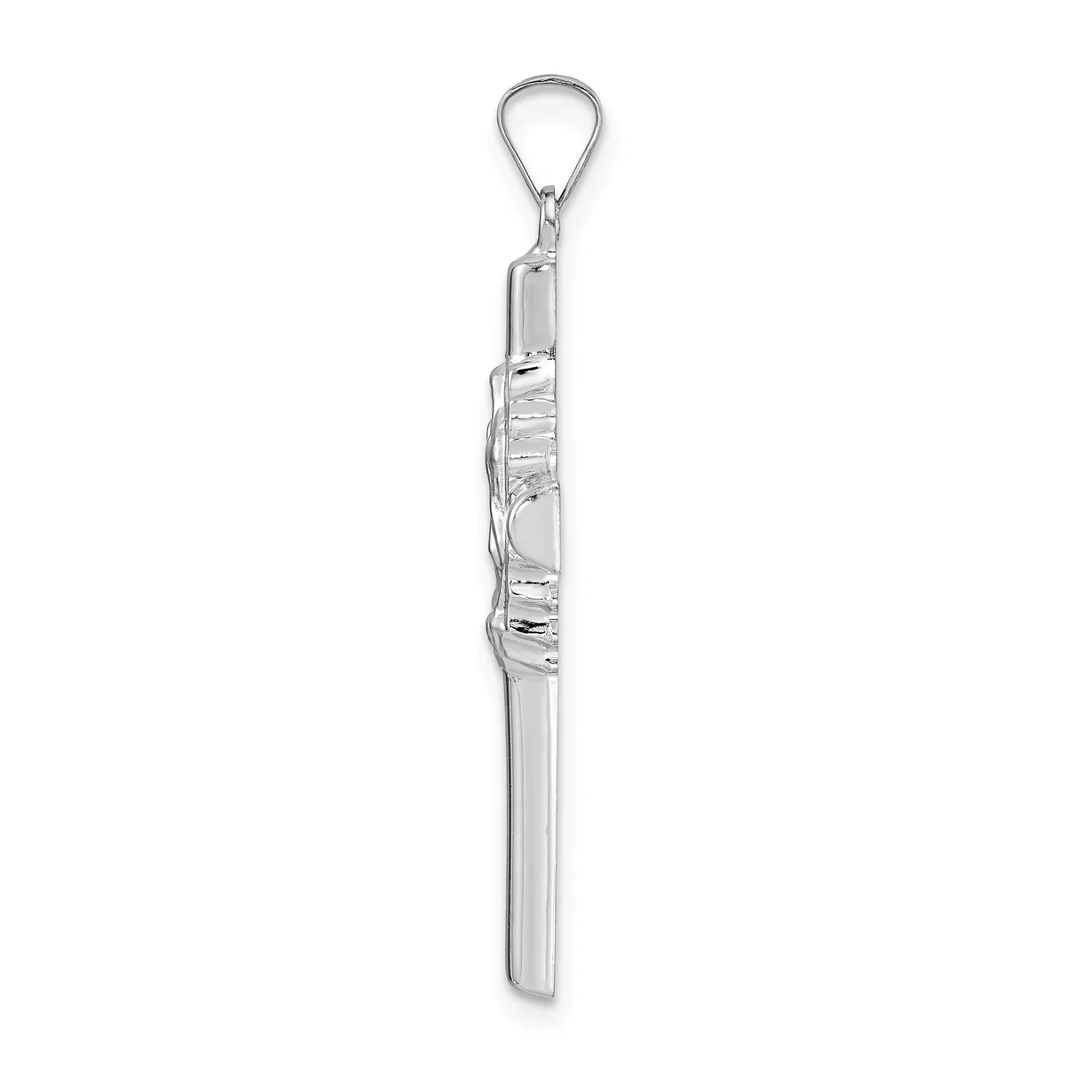 A long silver pendant with a teardrop bail at the top and textured wrapping around the upper portion of the cylindrical body.