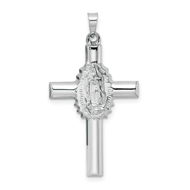 A silver cross pendant featuring a polished rectangular frame with a central oval medallion depicting the Virgin Mary in relief.