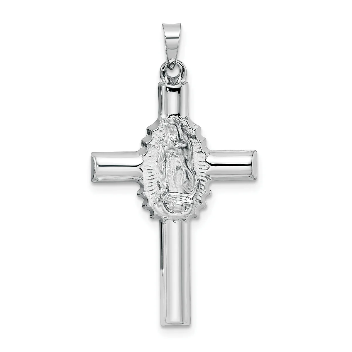 A silver cross pendant featuring a polished rectangular frame with a central oval medallion depicting the Virgin Mary in relief.