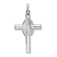 A silver cross pendant featuring a polished rectangular frame with a central oval medallion depicting the Virgin Mary in relief.
