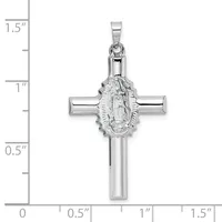 Sterling silver cross pendant featuring a polished cylindrical shaft with an ornate oval medallion depicting a religious figure at the center, shown with measurement scale.