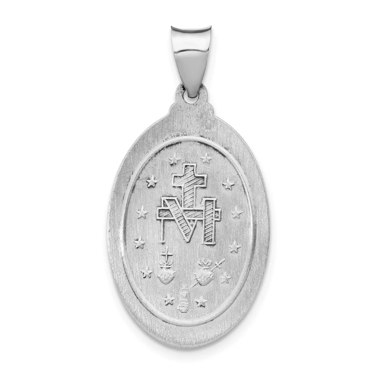 Silver oval pendant featuring a central cross with the letter M, surrounded by small stars and decorative elements, suspended from a bail.