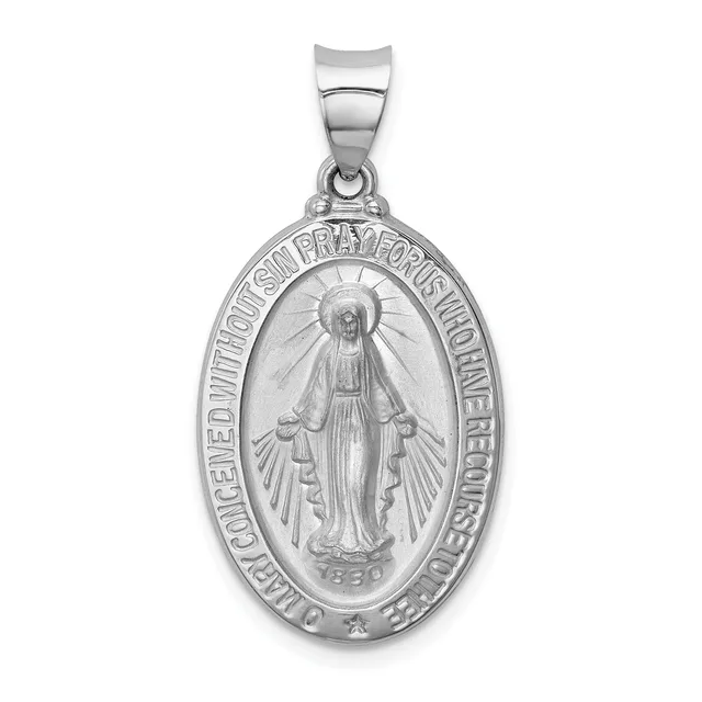 Silver oval religious medal pendant featuring a standing figure with a halo surrounded by text, suspended from a bailed loop at the top.