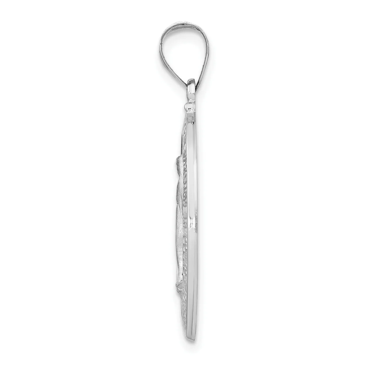 A silver teardrop pendant with an elongated hammered or textured shaft hanging from a loop against a white background.