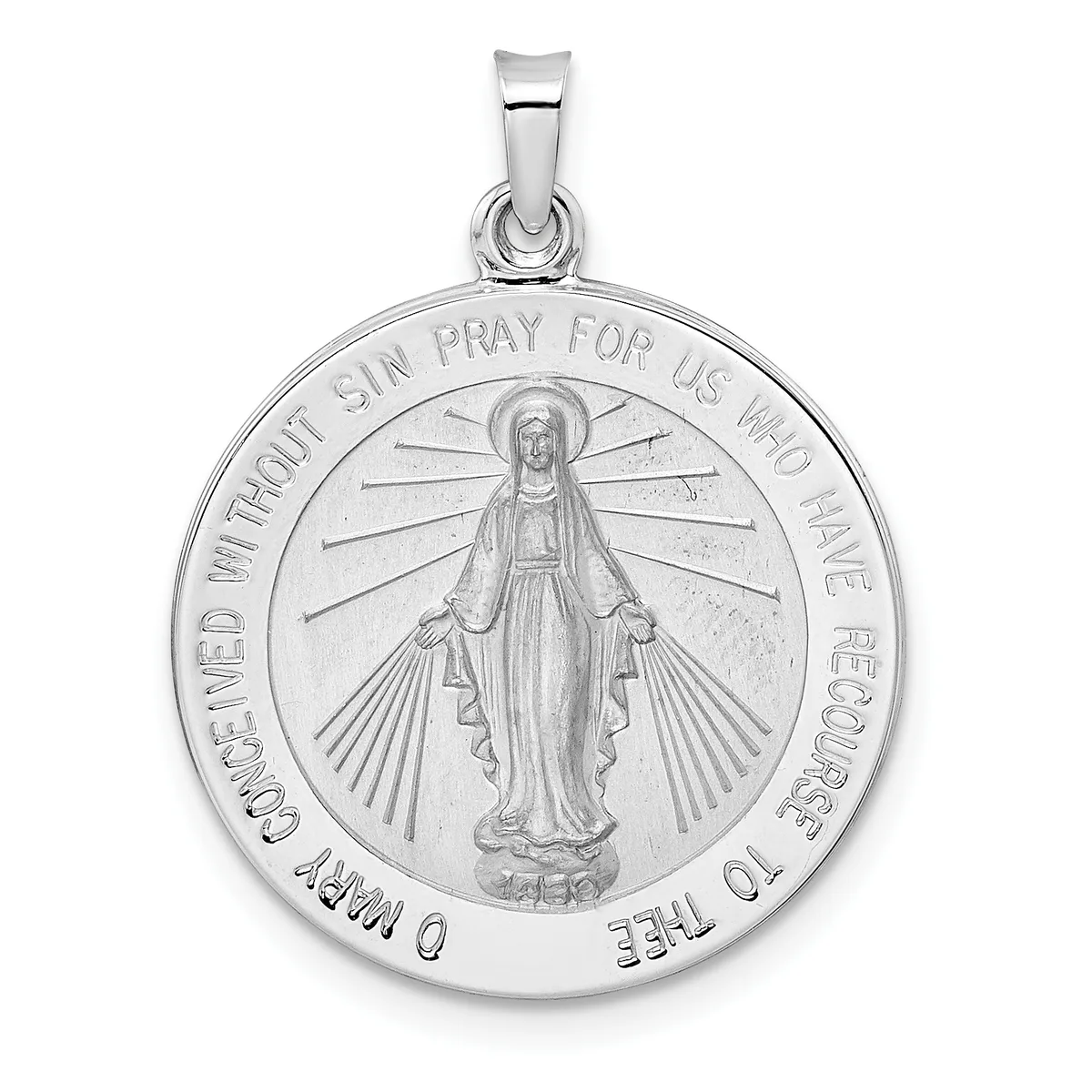 Silver pendant featuring a standing figure with a halo surrounded by radiating lines, with text around the circular border and a small bail loop at the top.