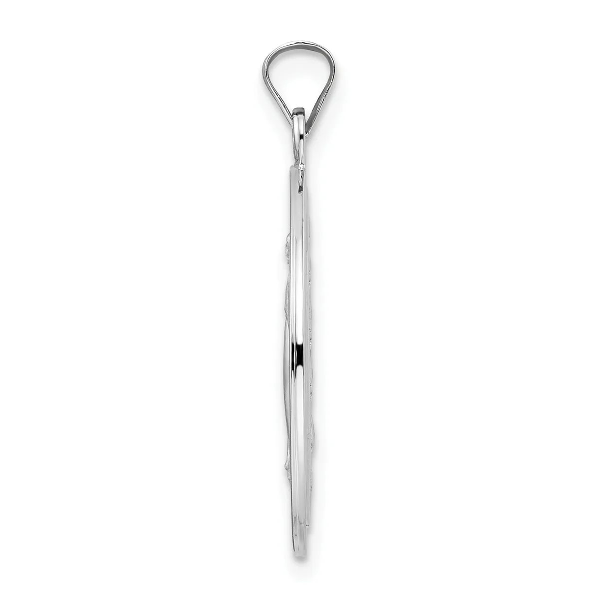 A long silver teardrop pendant hanging from a thin chain against a white background.