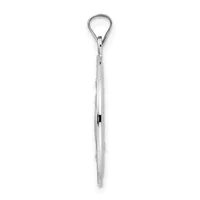 A long silver teardrop pendant hanging from a thin chain against a white background.