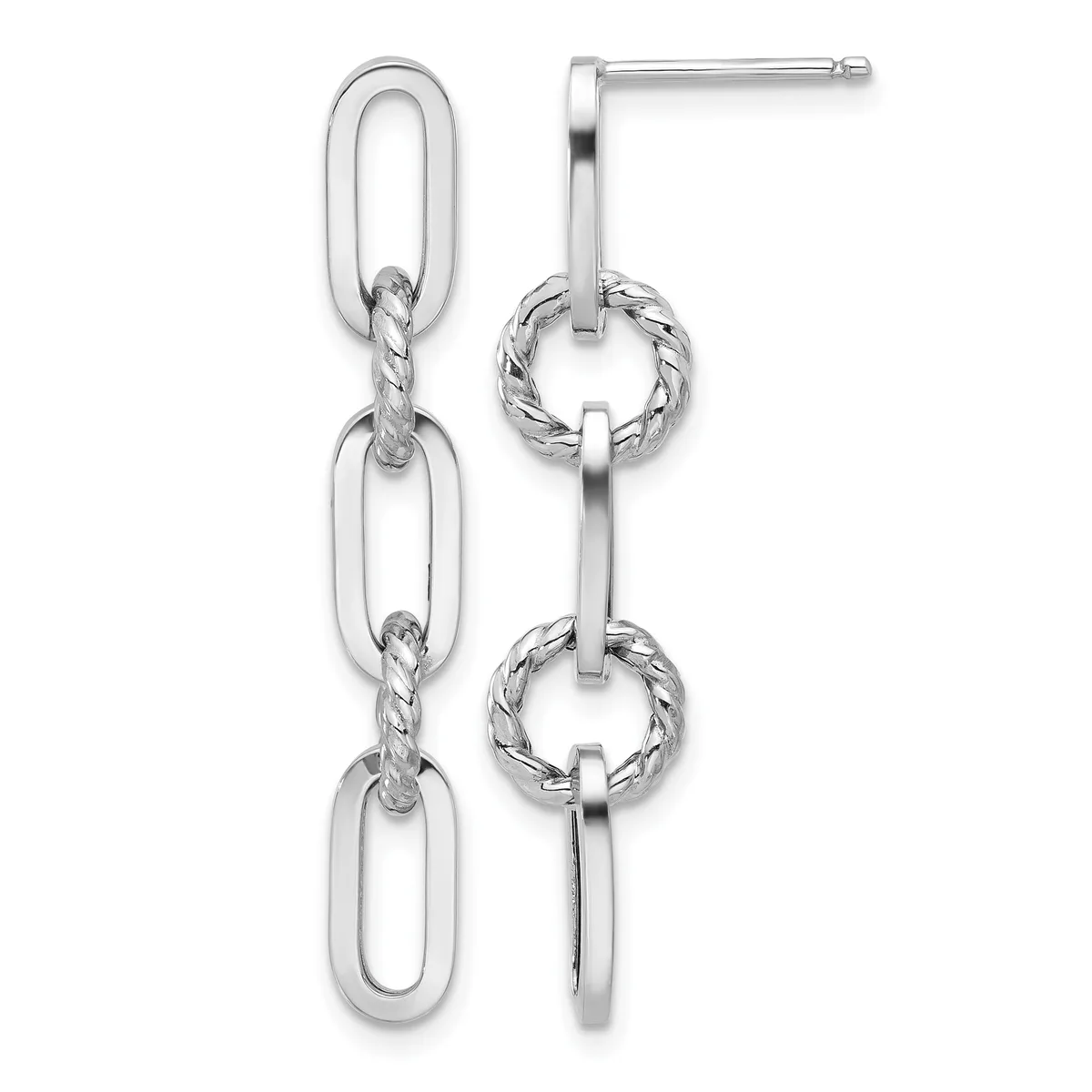 Pair of silver dangle earrings featuring oval links alternating with twisted circular rings, suspended from post and back closures.