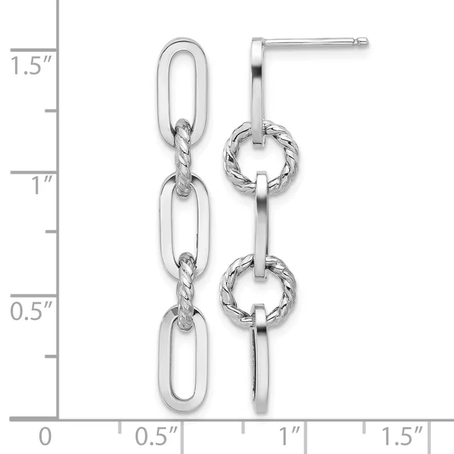 Silver-toned chain link dangle earrings with twisted rope-textured rings, displayed against a measurement scale showing approximately 1.5 inches in length.