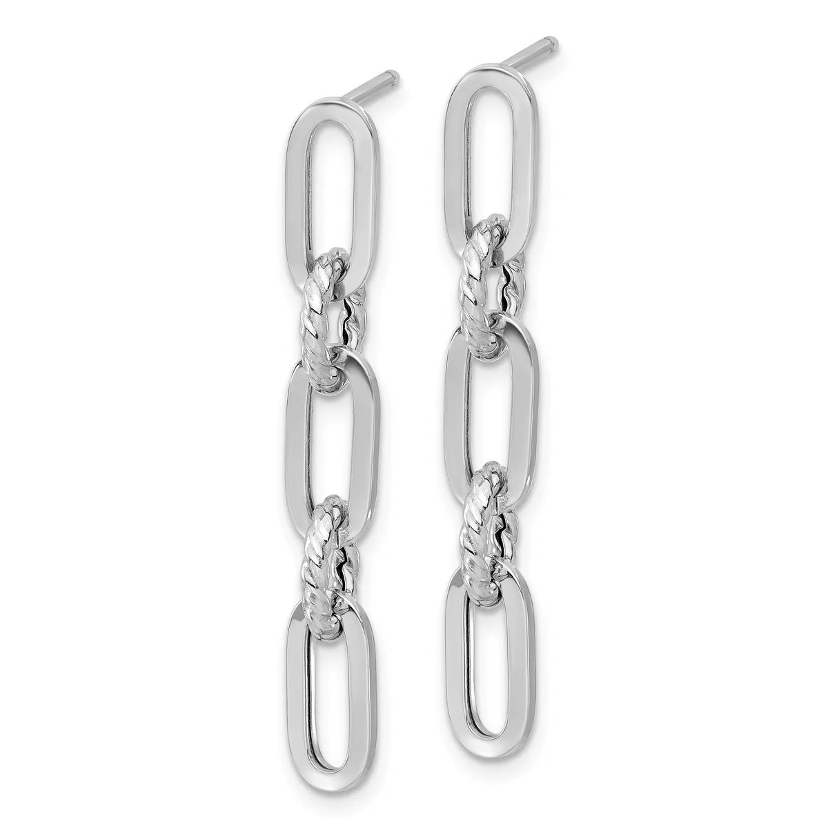 Pair of sterling silver dangle earrings with oval links connected by twisted rope-style chain segments, shown against a white background.