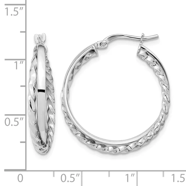 Pair of silver-toned hoop earrings with twisted textured design and polished smooth outer surface, shown with a measurement scale indicating approximately 1.25 inches in diameter.