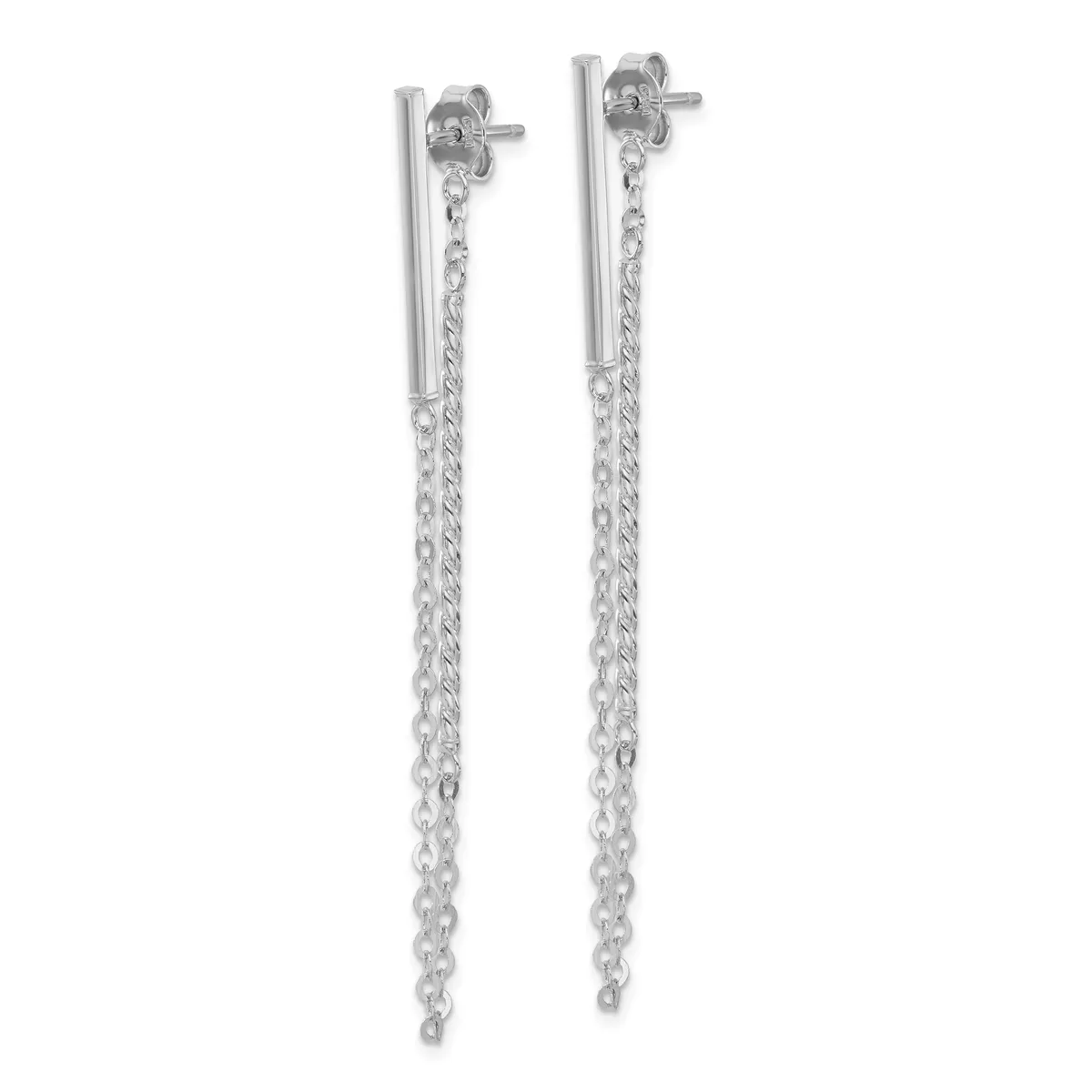 Pair of long silver chain dangle earrings with polished bar studs and twisted chain links hanging vertically.