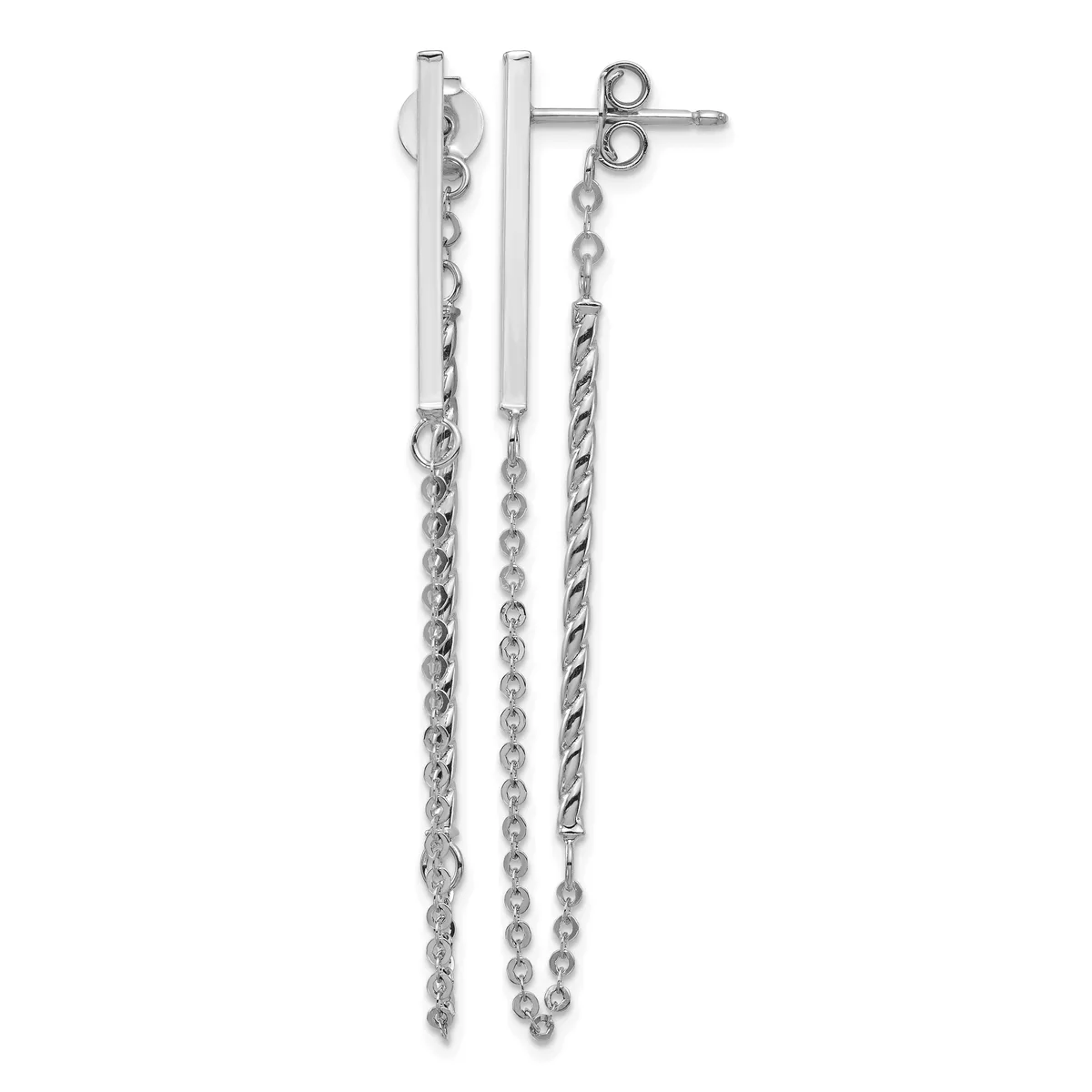 Pair of silver stud earrings with long dangling chain attachments in varying link styles, displayed against a white background.