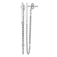 Pair of silver stud earrings with long dangling chain attachments in varying link styles, displayed against a white background.