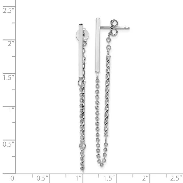 Two silver dangle earrings with twisted chain and beaded chain strands hanging from rectangular bar studs, displayed against a measurement scale.