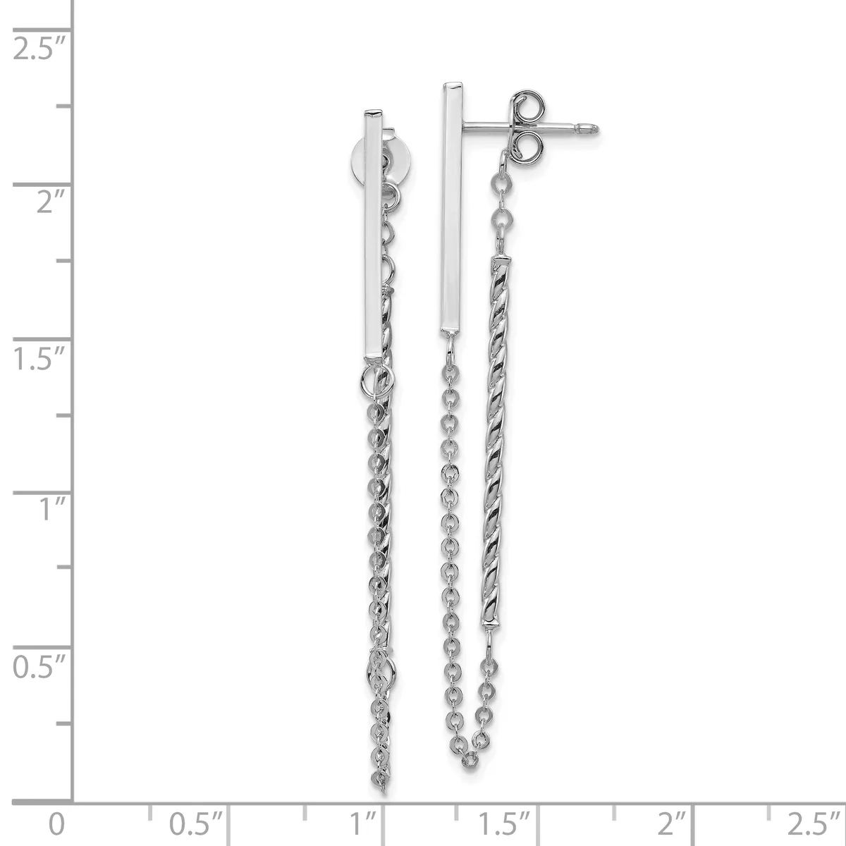 Two silver dangle earrings with twisted chain and beaded chain strands hanging from rectangular bar studs, displayed against a measurement scale.