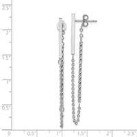 Two silver dangle earrings with twisted chain and beaded chain strands hanging from rectangular bar studs, displayed against a measurement scale.