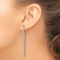 A long silver chain threader earring hangs from a woman's earlobe, extending downward past her jawline.