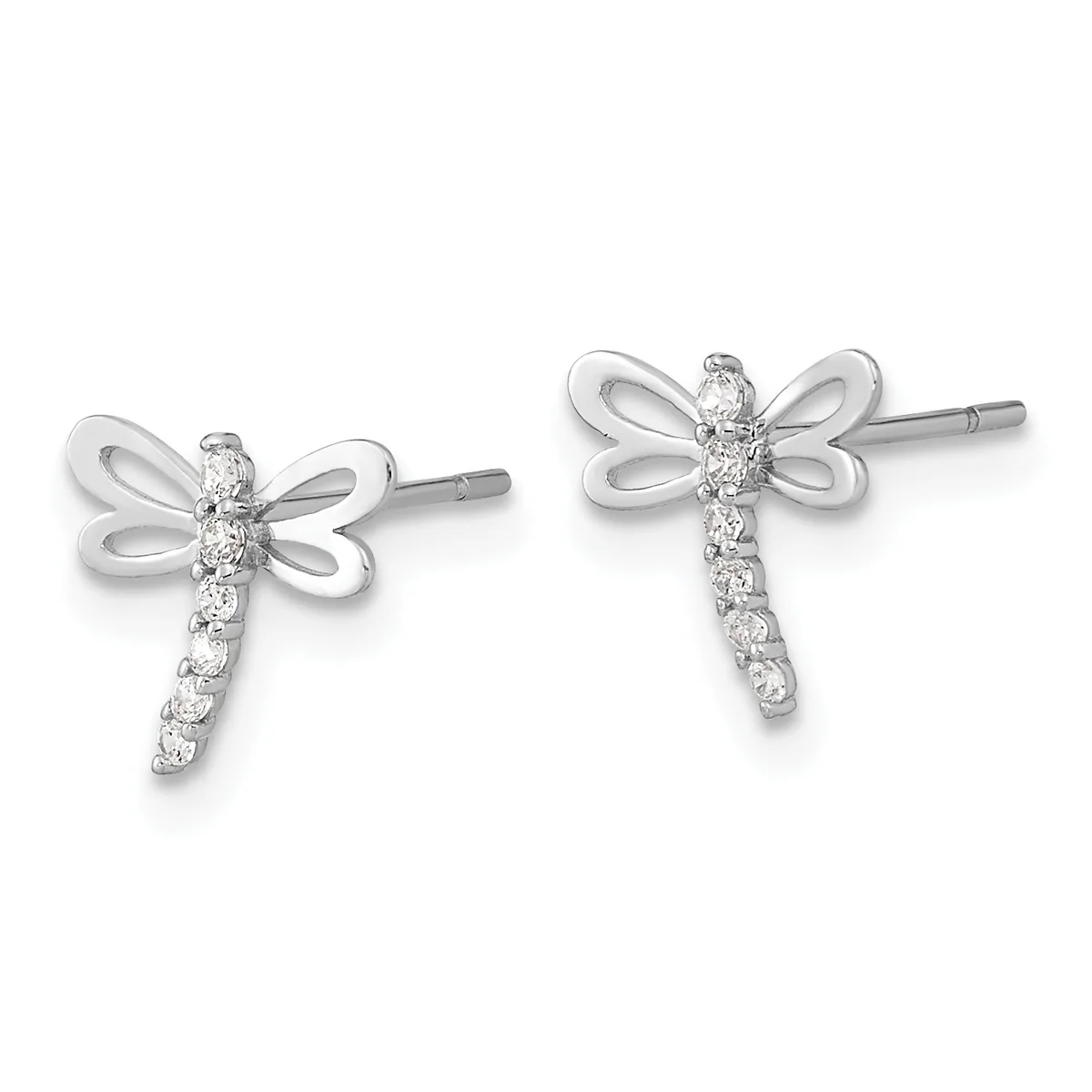 A pair of silver dragonfly stud earrings with open wing designs and cubic zirconia stones along the bodies, shown from the front.