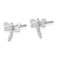 A pair of silver dragonfly stud earrings with open wing designs and cubic zirconia stones along the bodies, shown from the front.