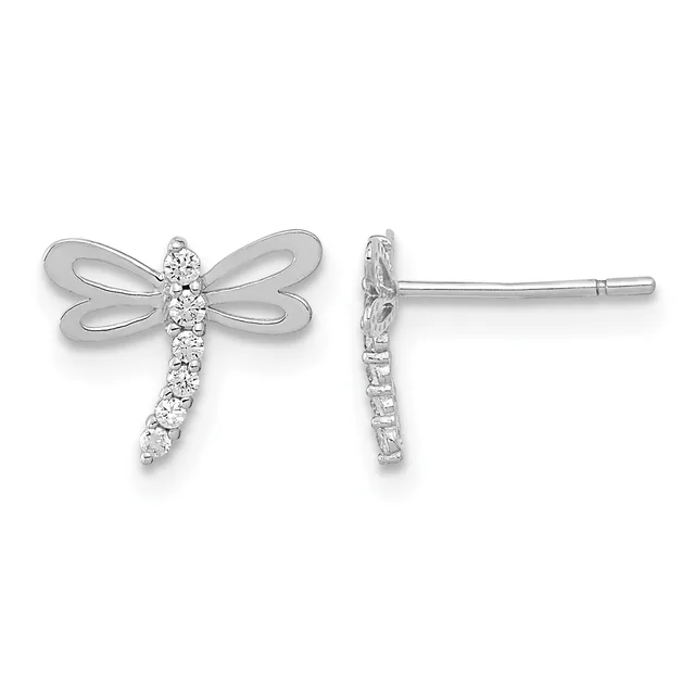 A pair of silver dragonfly stud earrings with cubic zirconia stones along the body, shown from front and back views.