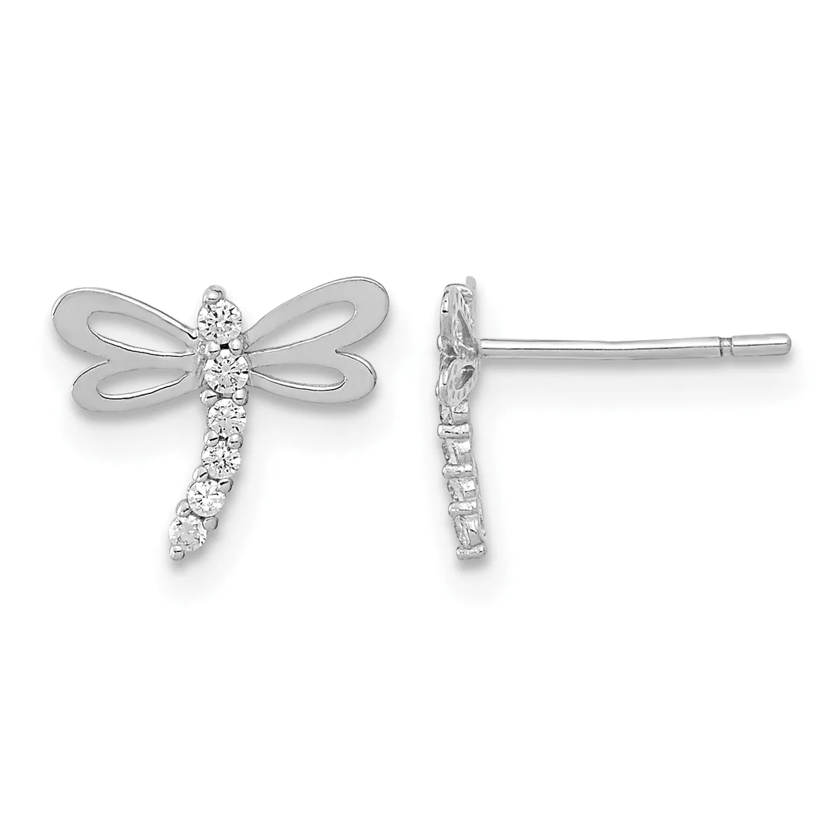 A pair of silver dragonfly stud earrings with cubic zirconia stones along the body, shown from front and back views.