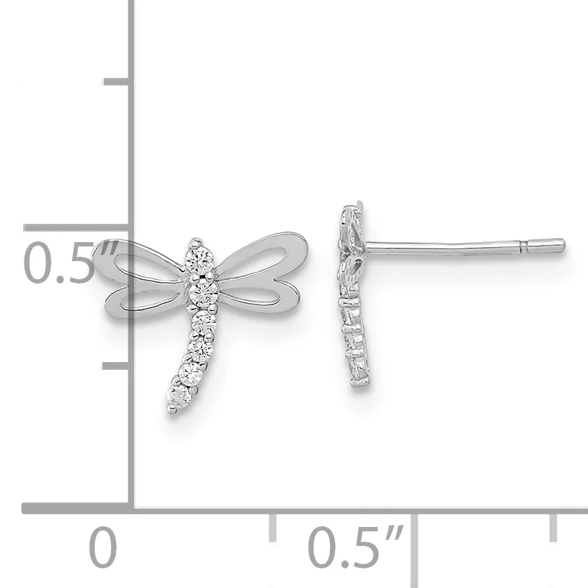 Silver dragonfly stud earrings with cubic zirconia stones on the wings and body, shown from front and back views with a measurement scale indicating approximately 0.5 inches in length.