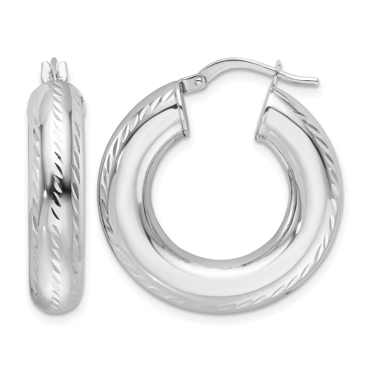 A pair of silver hoop earrings with a twisted diamond-cut texture pattern, shown from front and side views with post and clutch closures.