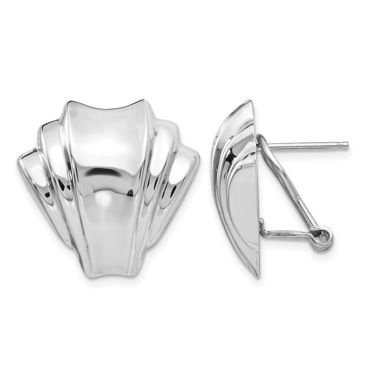 Pair of polished silver shell-shaped clip-on earrings shown from front and side views.