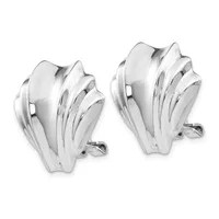 A pair of polished silver clip-on earrings with a shell or fan-like ribbed design, shown against a white background.