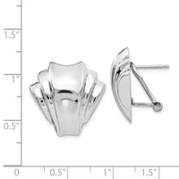 Pair of polished silver shell-shaped earrings with ridged detailing, shown from front and side views next to a measurement scale.