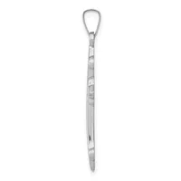 A long thin silver pendant with a teardrop-shaped loop at the top and a pointed bottom, featuring a textured pattern along its length.
