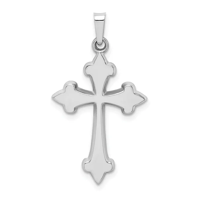 A silver cross pendant with flared ends, suspended from a rectangular bail, shown against a white background.