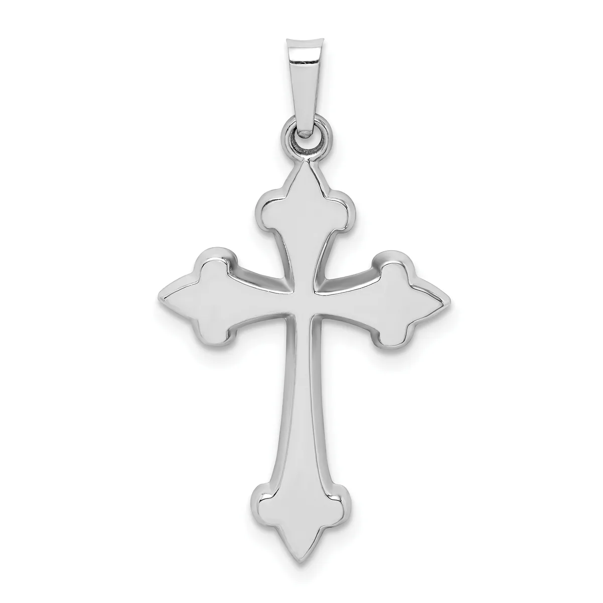 A silver cross pendant with flared ends, suspended from a rectangular bail, shown against a white background.