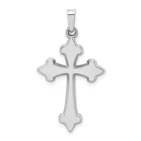 A silver cross pendant with flared ends, suspended from a rectangular bail, shown against a white background.