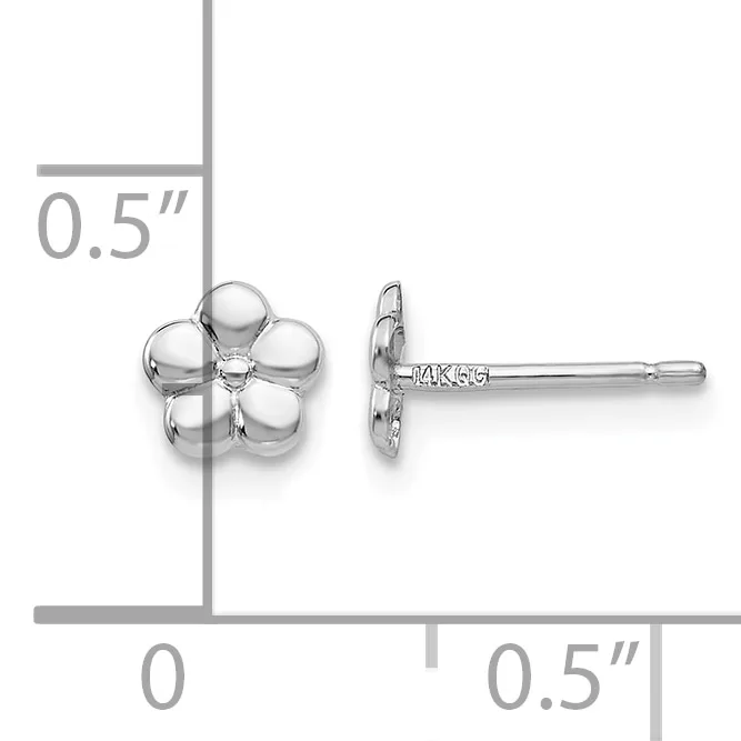 A pair of silver flower-shaped stud earrings with rounded petals shown from front and side view, with a measurement scale indicating 0.5 inches in width.