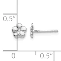 A pair of silver flower-shaped stud earrings with rounded petals shown from front and side view, with a measurement scale indicating 0.5 inches in width.