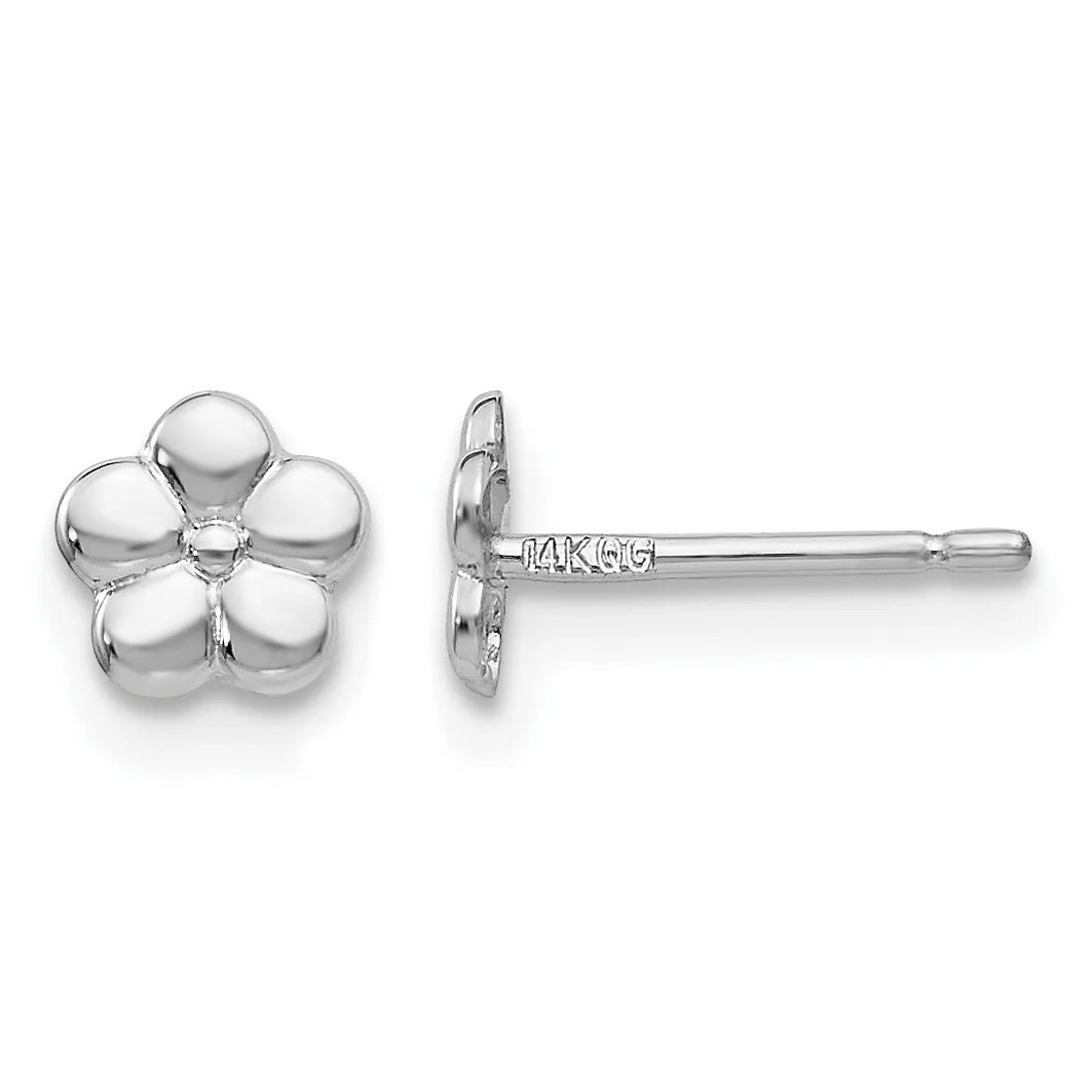 Pair of polished silver flower-shaped stud earrings with five rounded petals, shown from front and side views with a small hallmark visible on the post.