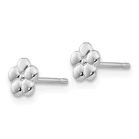 Pair of silver flower-shaped stud earrings with five rounded petals arranged around a central setting, shown from front and back angles.
