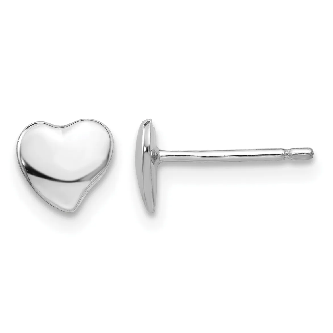 Pair of polished silver heart-shaped stud earrings shown from front and side views with posts and backs attached.