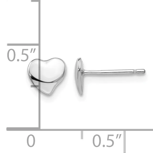 A pair of polished silver heart-shaped stud earrings displayed with a measurement scale showing they are approximately 0.5 inches wide.