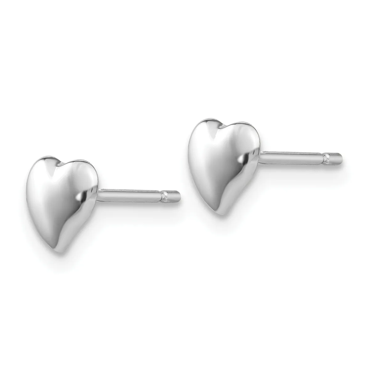 A pair of polished silver heart-shaped stud earrings with posts and backs, displayed against a white background.